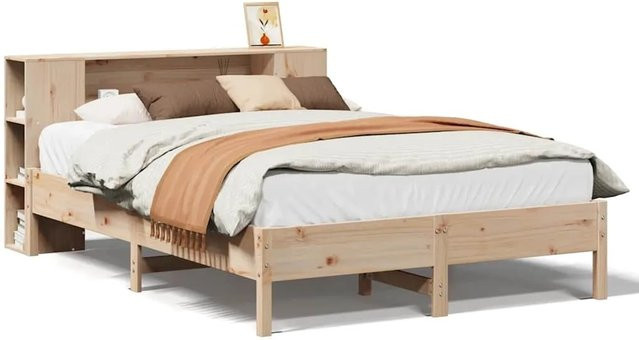 vidaXL Massivholzbett aus Kiefernholz mit Regal und Seitenfächern, Braun, B/T/H: 135 x 190 cm - Bild 1