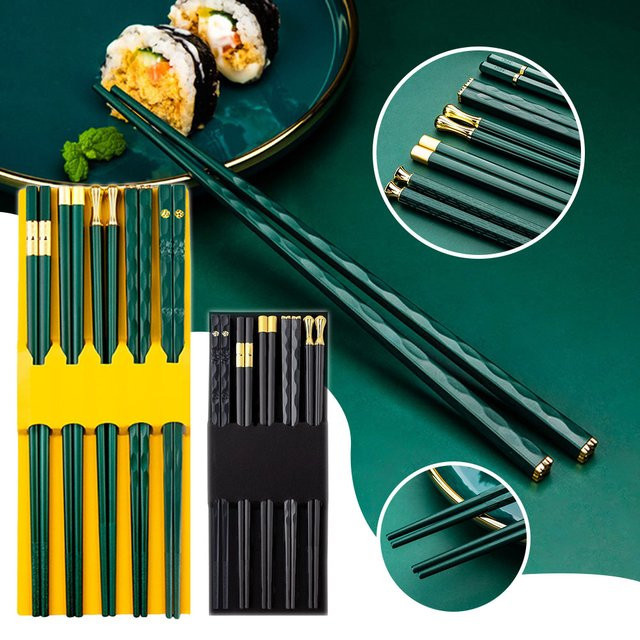 Multiyilego Premium-Essstäbchen-Set aus Metall in Gold und Grün, rutschfest und spülmaschinenfest - Bild 1