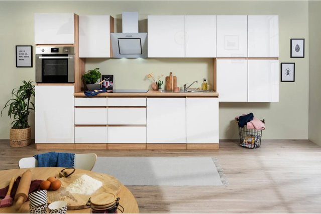 Respekta Küchenzeile modern ohne E-Geräte in Weiß Hochglanz und Eiche-Sägerau Nachbildung, B: 380 cm, H: 220,5 cm, T: 60 cm - Bild 1