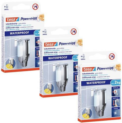 tesa Powerstrips Waterproof Strips LARGE doppelseitige wasserfeste Klebestreifen transparent 3er Pack für Küche und Bad bis zu 2kg - Bild 1