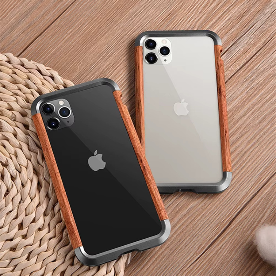 R-just Luxus Handyhülle aus Aluminium und Naturholz für iPhone 15 14 Plus 13 12 Pro Max in Braun/Mehrfarbig - Bild 2