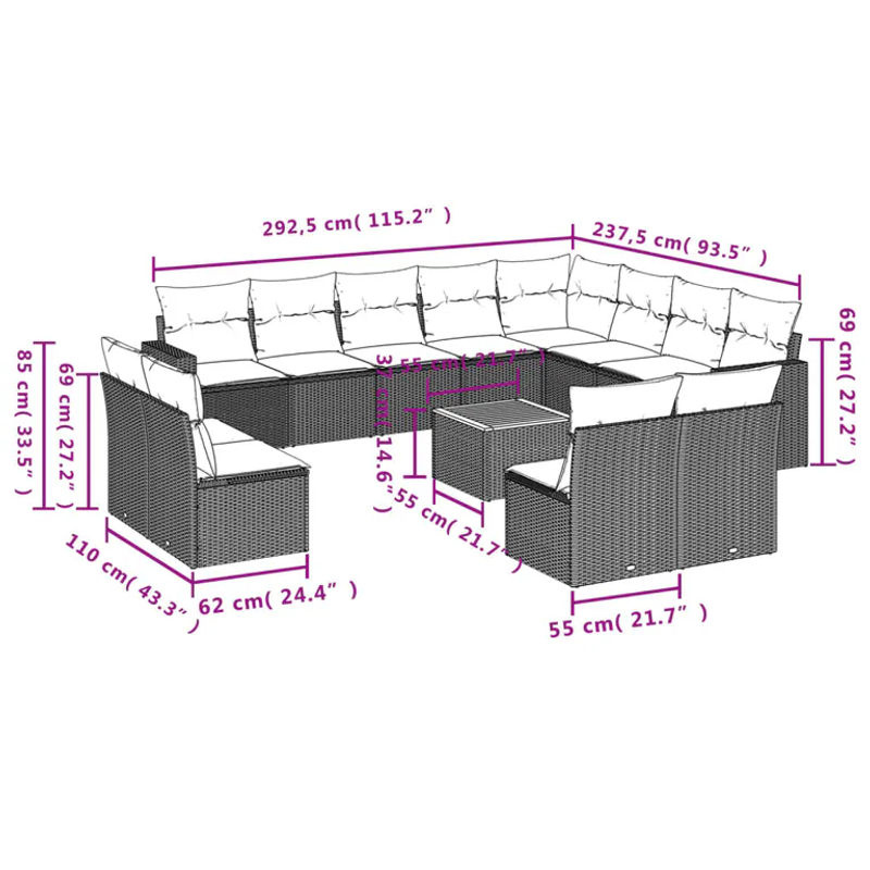 vidaXL 13-teilige Garten-Sofagarnitur in L-Form aus Polyrattan und Akazienholz mit Kissen, Schwarz - Bild 2