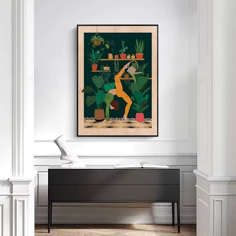 Potdemiel Wandkunst Leinwand Poster mit Yoga Frau, Giraffe, Zebra und Pflanzen im minimalistischen Nordic Stil, Mehrfarbig - Bild 3