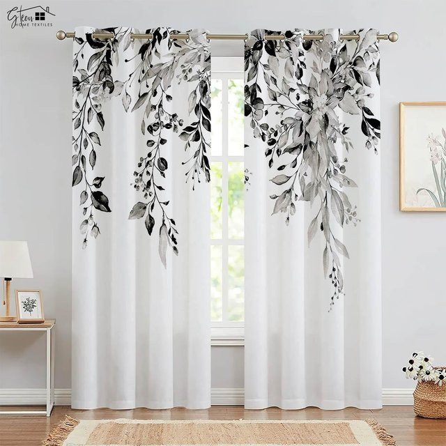2-teiliges Set Yiran Furniture Dekorative Vorhänge mit Herbstblatt-Druck, Weiß, B: 50 cm, H: 130 cm - Bild 1