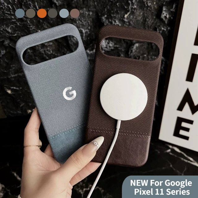 Business Patchwork Denim Leder Schutzhülle für Google Pixel 11 10 9 8 Pro XL mit Magnetfunktion für MagSafe Wireless Charging in Blau - Bild 1