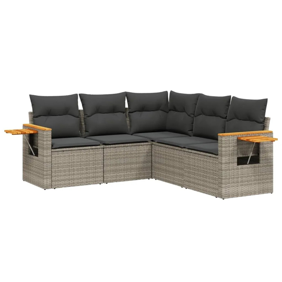 vidaXL 5-teilige Garten-Sofagarnitur in L-Form aus Poly-Rattan und Akazienholz in Grau mit Sitzkissen und Rückenkissen - Bild 2