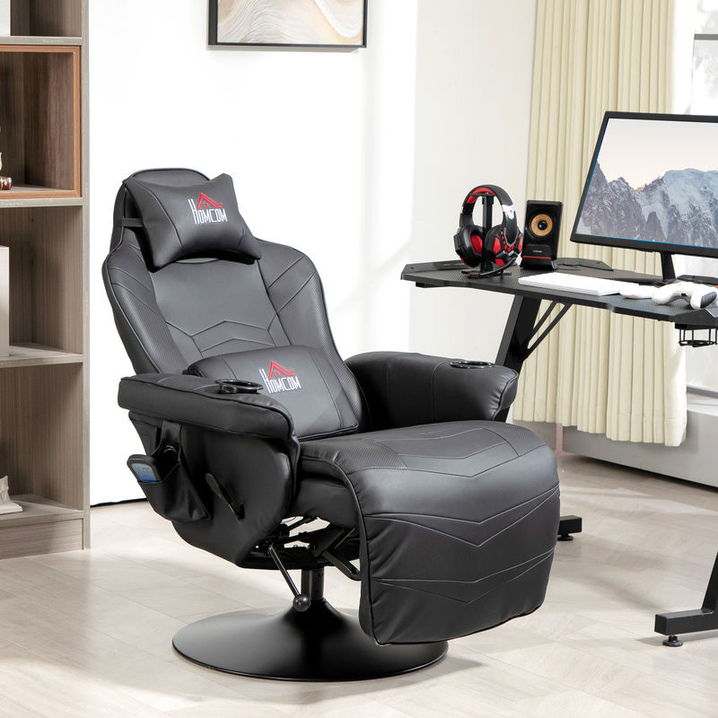 HOMCOM Gaming Stuhl mit Massagefunktion in Schwarz aus Kunstleder mit Fußstütze und 360 Grad Drehbarkeit, B/T/H: 79,5 x 82,5 x 111,5 cm - Bild 2