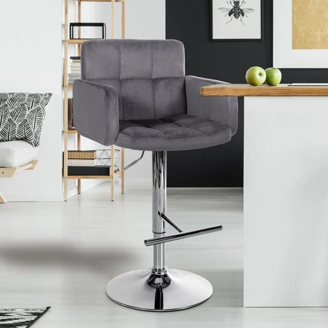 DELUKE 2er Set Barhocker SUTUN aus Samt in Dunkelgrau mit silbernem Fuß, höhenverstellbar und drehbar mit Lehne, B/T/H: 60 x 56 x 93 cm - Bild 1