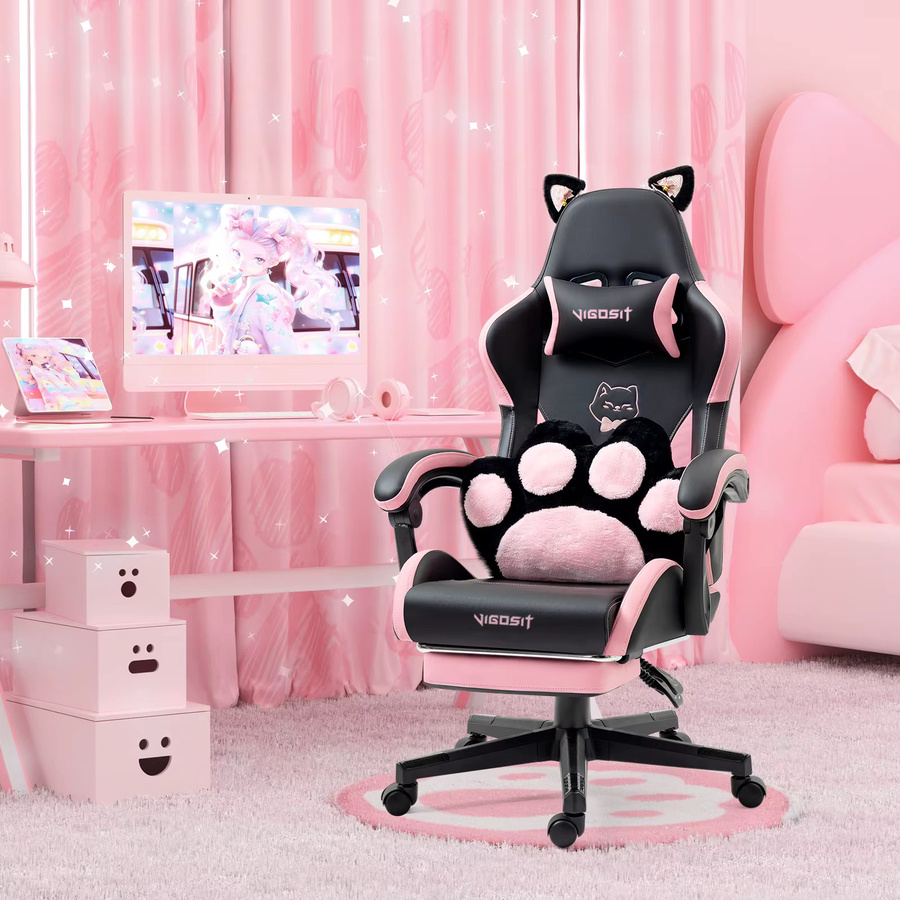 VIGOSIT Gaming-Stuhl mit Katzenohren in Schwarz-Weiß, ergonomischer Computerstuhl für Mädchen mit Massage-Lendenwirbelstütze, Kopfstütze, Fußstütze und Liegefunktion, aus Kunstleder - Bild 4