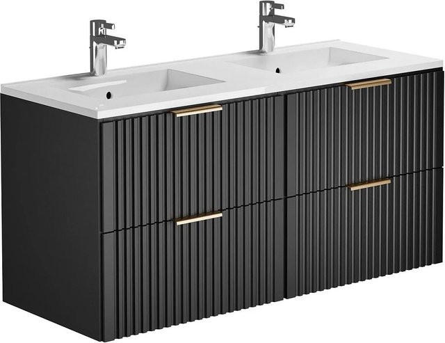 Vente-unique Doppelwaschtisch Zevara in Schwarz Matt im Art-déco-Stil mit gerippter Oberfläche, Breite: 120 cm, Tiefe: 46 cm, Höhe: 57 cm - Bild 1