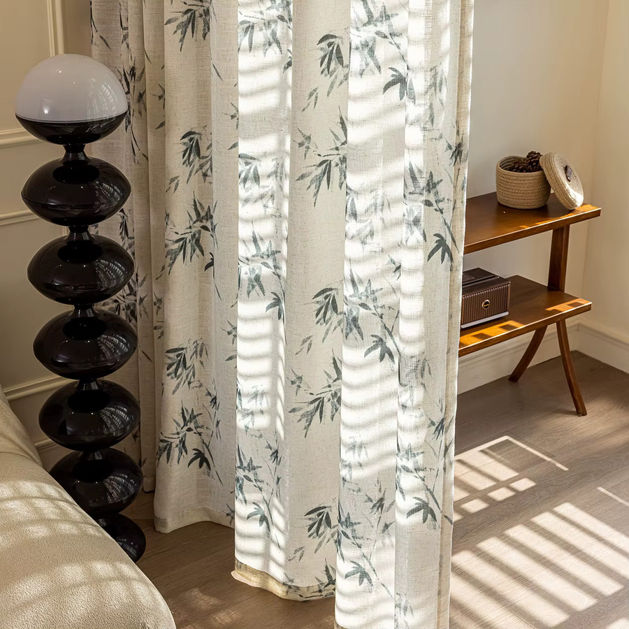 CENTURyMiG Fenstervorhang aus Leinen mit Bambusdruck in Beige, UV-Schutz, Vintage-Stil, semi-transparent, Breite: 100 cm, Höhe: 200 cm - Bild 2