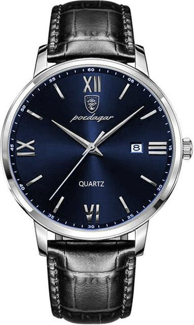 POEDAGAR Armbanduhr, Quarz, Edelstahl, Leder, Blau, Herren, 42 mm - Bild 1