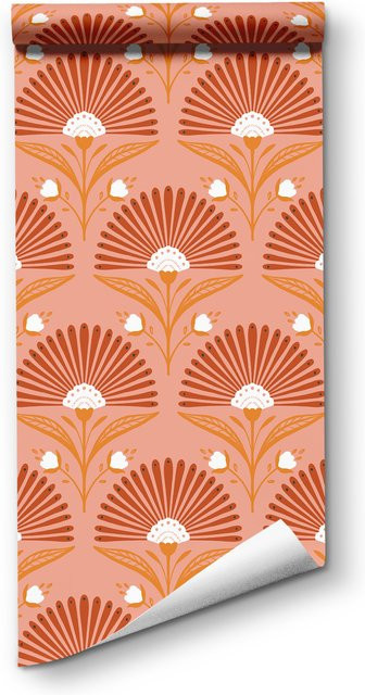 Selbstklebende Tapete Brangdy in Orange mit modernem floralem Fächer- und Vintage-Geometrie-Design, abnehmbar - Bild 1