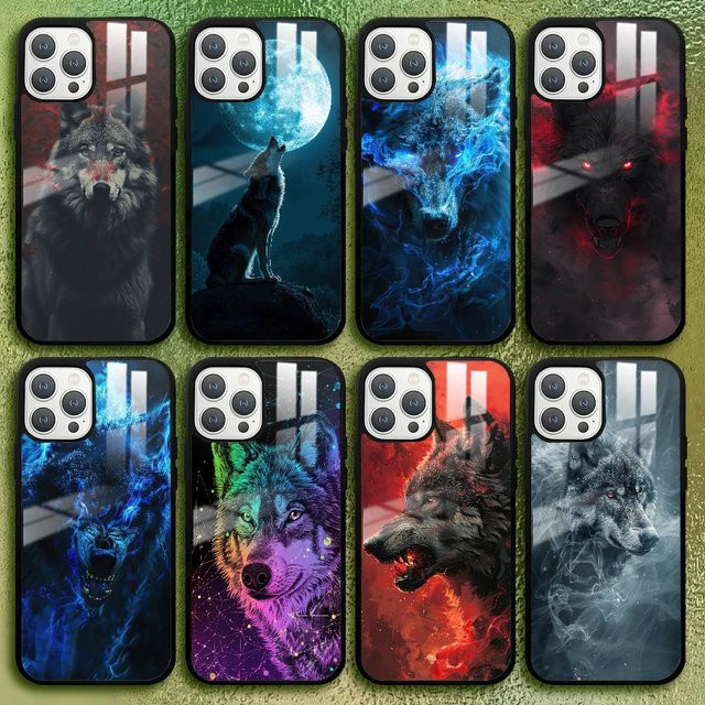 Angry Wolf Anime Handyhülle mit Glasstruktur für Apple iPhone 11 12 13 14 15 16 Pro Max Plus, Multicolor - Bild 1