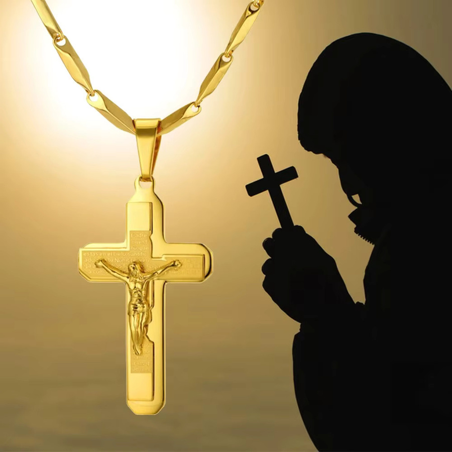 Halskette mit Kreuz Anhänger, Edelstahl, Gold, Herren - Bild 4