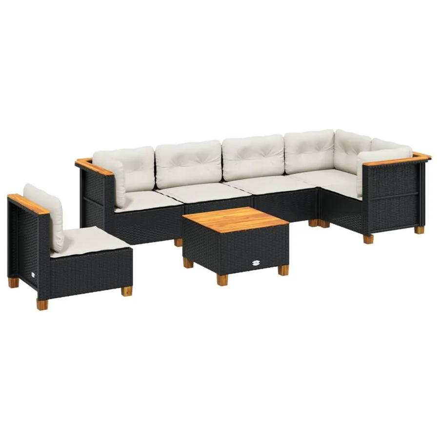 vidaXL 7-tlg Garten-Sofagarnitur aus Poly-Rattan und Akazienholz mit Kissen in Schwarz und Cremeweiß - Bild 2