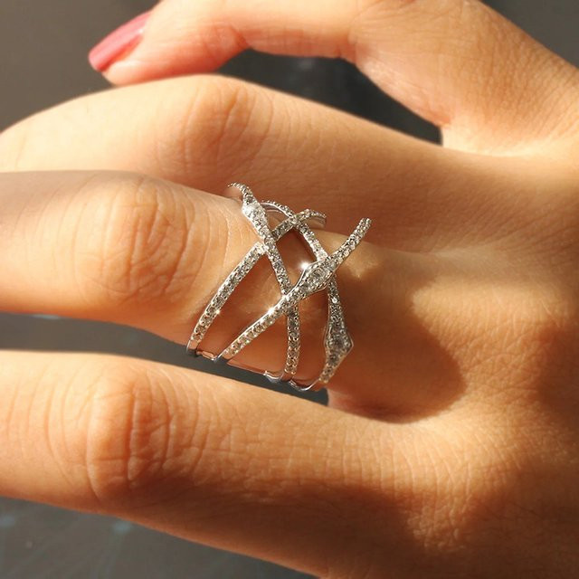 Huitan Special-interested Ring, Doppel Kreuz Design, Zirkonia, Silber, Damen - Bild 1