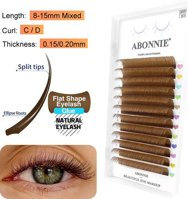 ABONNIE Brown Ellipse Flat Lashes Extensions Split Tips, Wimpernverlängerung - Bild 1