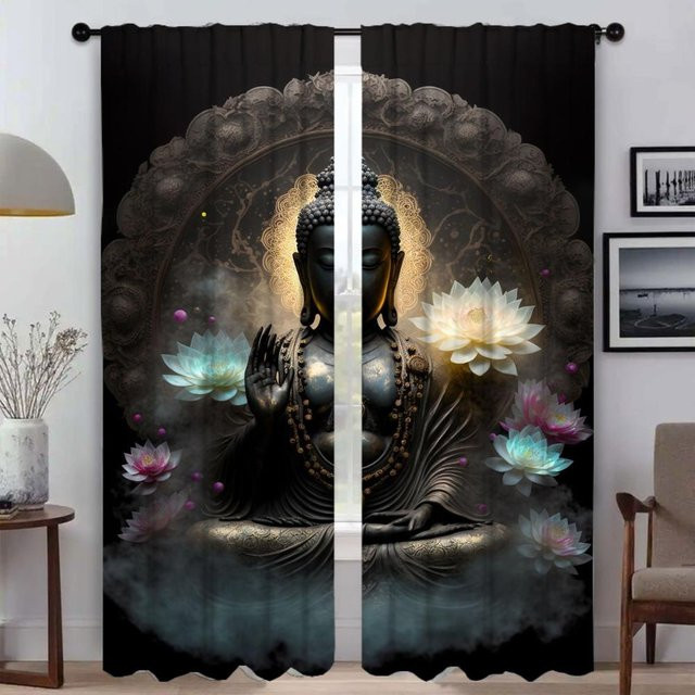 Indische Buddha-Vorhänge für das Wohnzimmer, 2 Paneele, Schwarz, Breite: 86 cm, Höhe: 137 cm - Bild 1
