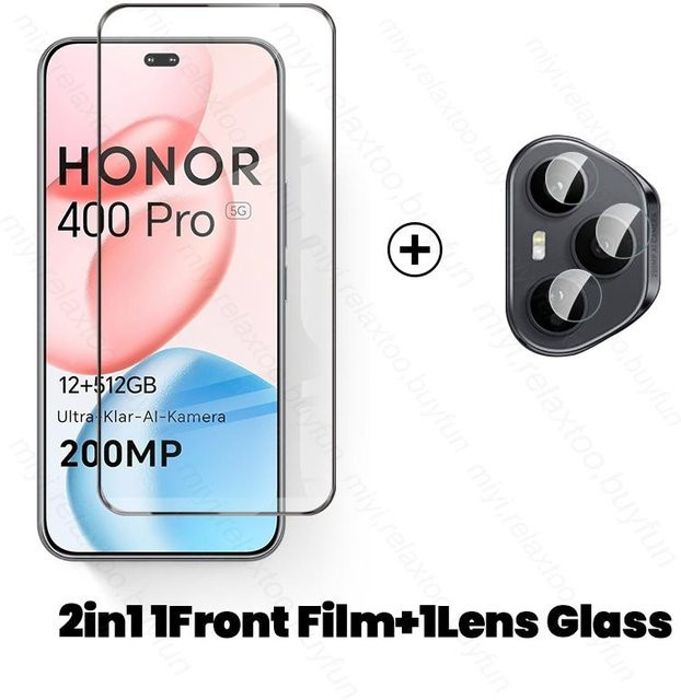 8 in 1 Schutzset für Honor 400 Pro 5G mit gehärteter gebogener Bildschirmschutzfolie und Kameraglas in Schwarz und Transparent - Bild 1