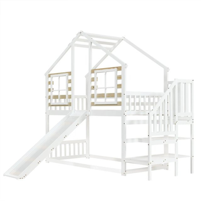 KOMHTOM Etagenbett für Kinder aus Massivholz mit Treppe, Rutsche und Fenster in Weiß, B/T/H: 90 x 200 x 222 cm - Bild 1
