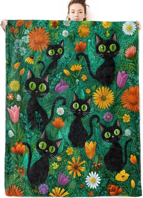 Gemütliche Kuscheldecke mit floralem Katzen-Print von JMG Household Supplies, Mehrfarbig, Fleece, Breite: 70 cm, Länge: 100 cm - Bild 1
