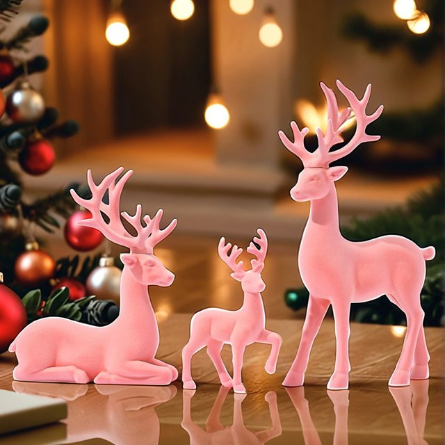 GUGUGUHOME Weihnachtsdekoration Set aus 3 Figuren, Rentier und Elch in Rosa und Weiß, Tischdekoration aus Kunstharz - Bild 1