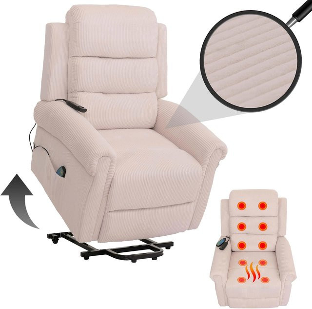 MCW Fernsehsessel MCW-K63 Relaxsessel mit Liegefunktion, Aufstehhilfe, Massage und Heizfunktion in Cord-Stoff, Farbe: Creme-Weiß/Beige - Bild 1