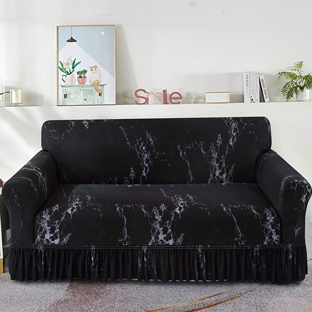 Elastischer Stretch-Sofabezug mit floralem Muster in Schwarz, rutschfester Sesselbezug mit Rock für 1-Sitzer, Small - Bild 1