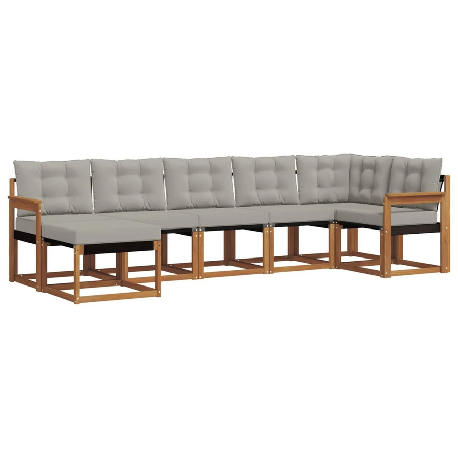 vidaXL Outdoor-Sofagarnitur 7-teilig aus Akazienholz und Textilene in Natur und Hellgrau mit Kissen und Armlehnen - Bild 2