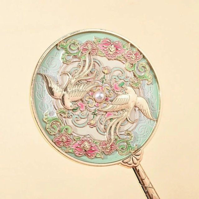 RBXC Make-up-Spiegel aus Metall im antiken chinesischen Stil mit Blumen-Relief und Kamm-Set, mehrfarbig, rund - Bild 1