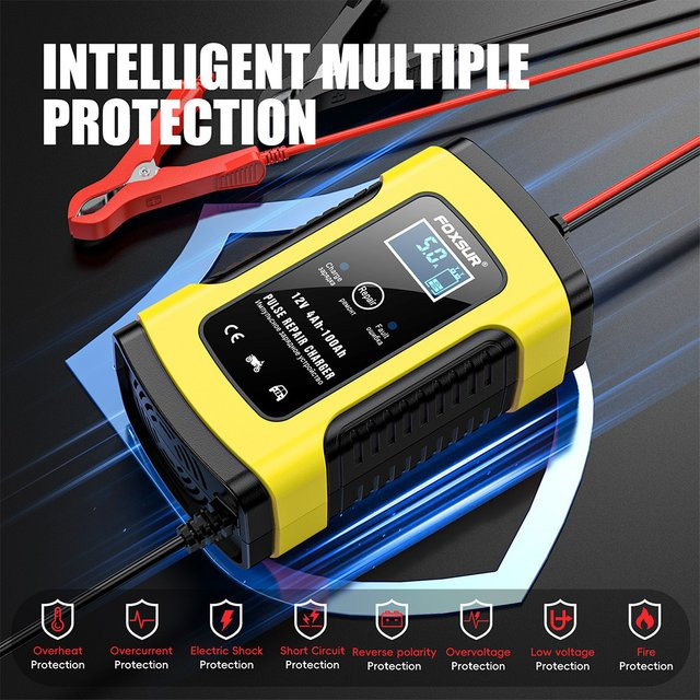 FOXSUR Automatisches Smart Batterie Ladegerät mit Pulse Reparaturfunktion für Blei-Säure, AGM und GEL Batterien, 12V 5A, Gelb, mit LCD Display und EU Stecker - Bild 1