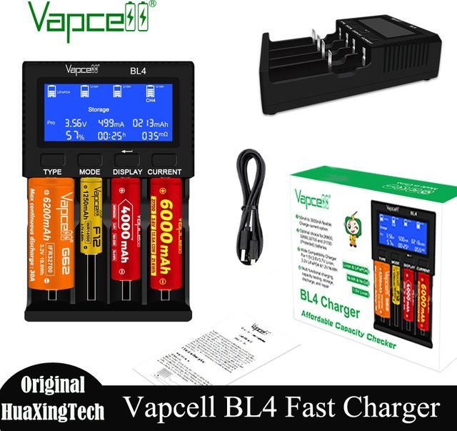 Vapcell BL4 Smart 4-Slot Schnellladegerät für 18650 21700 26650 Lithium-Akkus in Schwarz - Bild 1