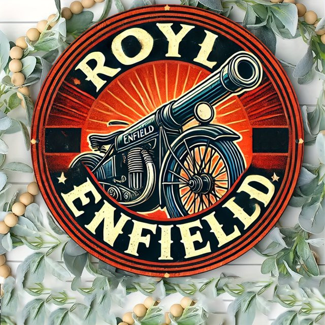 Potdemiel Royal Enfield Cannon Rundes Aluminium-Wandkunst Metallschild in Mehrfarbig, Durchmesser: 19,81 cm - Bild 1