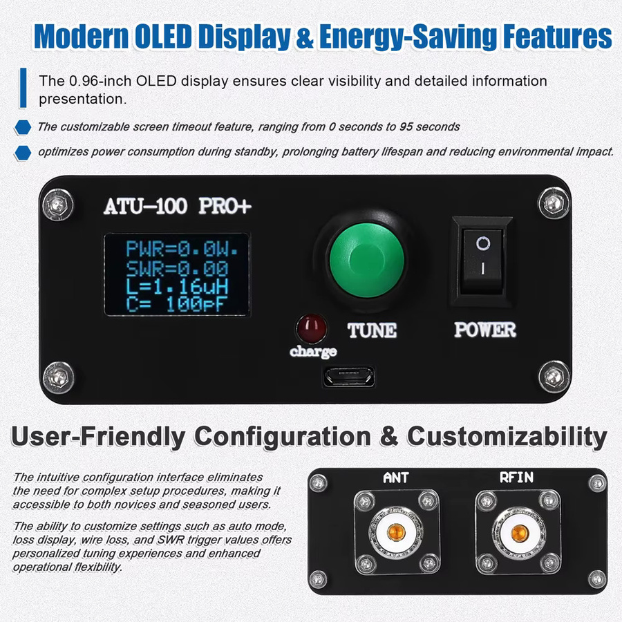 JANCORE ATU-100 Pro+ Automatischer Antennentuner 100 W 1,8–50 MHz mit OLED-Display und wiederaufladbarem Akku in Schwarz - Bild 3