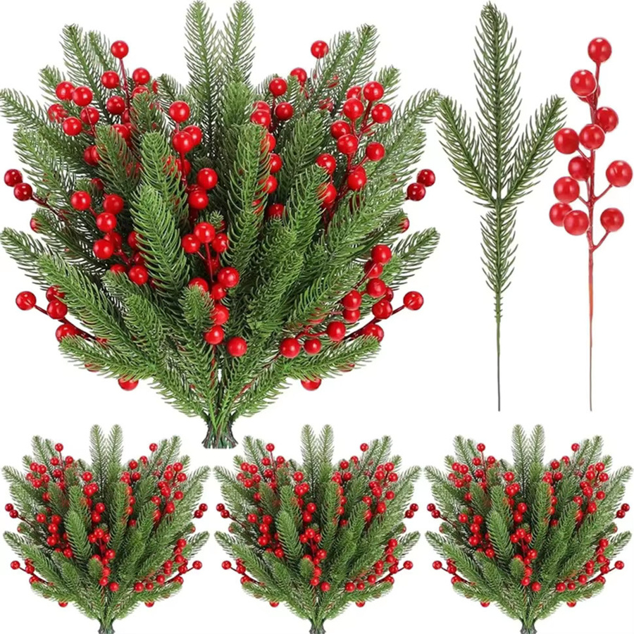 XIAOYINMO Künstliche Pflanzen mit roten Holly-Beeren für Weihnachts-Kränze und Dekoration, Rot/Grün - Bild 1