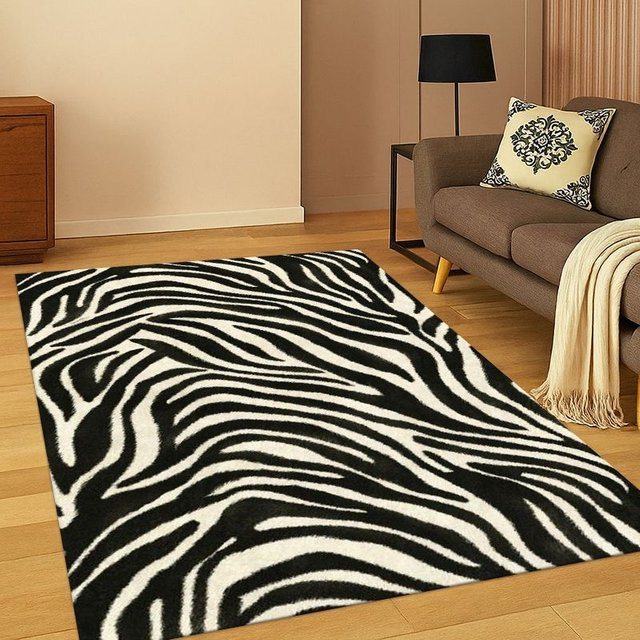 Faviora Teppich mit Zebrastreifen in Schwarz-Weiß, rutschfester Tierprint-Teppich für Wohnzimmer, Schlafzimmer oder Kinderzimmer - Bild 1
