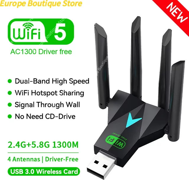 NUOYING Dual Band 1300Mbps WiFi USB Adapter mit 4 Antennen, 2,4GHz/5GHz WLAN Dongle USB 3.0 für PC und Laptop, Schwarz - Bild 1
