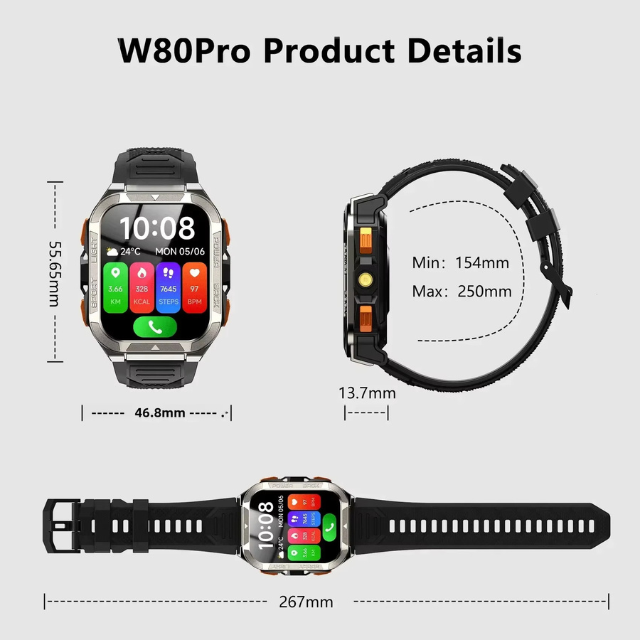 Blackview W80 Pro Outdoor Smartwatch in Schwarz mit KI-GPS, SpO2-Messung, 1,91 Zoll Display und 900mAh Akku - Bild 6
