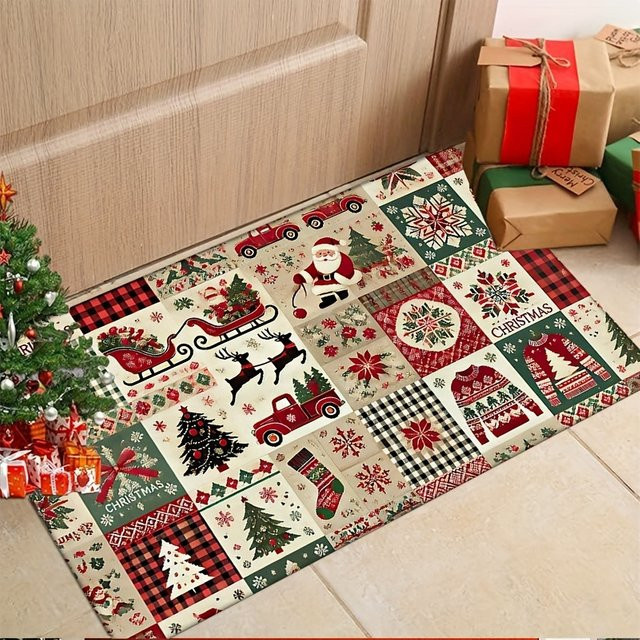 VIKAMA Vintage Weihnachts-Tartan-Teppich als weiche dekorative Fußmatte für den Eingangsbereich - Bild 1