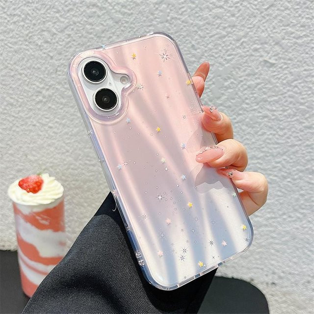 Yiran Bag Stoßfeste Handyhülle mit Farbverlauf, rosa Sternen und Laserglitzer für iPhone 16 Pro Max, 15, 14, 13 Pro Max und 16 Pro in Weiß/Pink - Bild 1