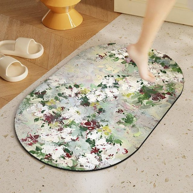 Yiran Furniture Badezimmer Matte Oval, Kieselgur-Fußmatte rutschfest und schnelltrocknend, Weiß/Mehrfarbig, B: 80 cm, T: 50 cm - Bild 1