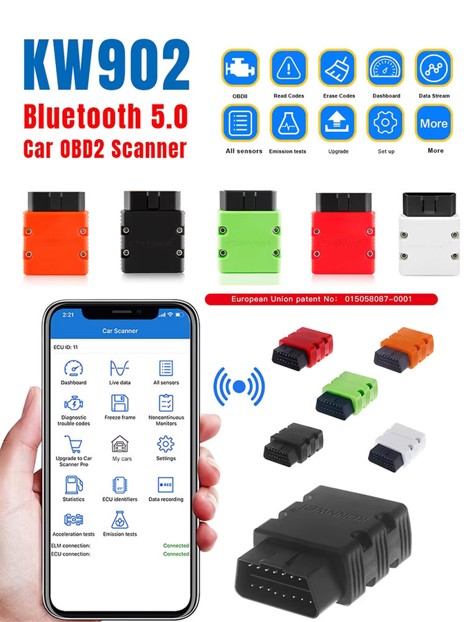 KONNWEI KW902 ELM327 v1.5 OBD2 Auto-Scanner Bluetooth Kfz-Diagnosegerät für Android und iOS in Weiß und Multicolour - Bild 5