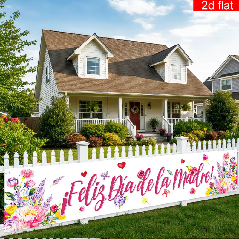 VIKAMA Spanischsprachiges Muttertags-Partybanner mit Blumen und Schmetterlingen, Mehrfarbiges Hintergrundtuch für den Außenbereich, B: 180 cm, H: 35 cm - Bild 5