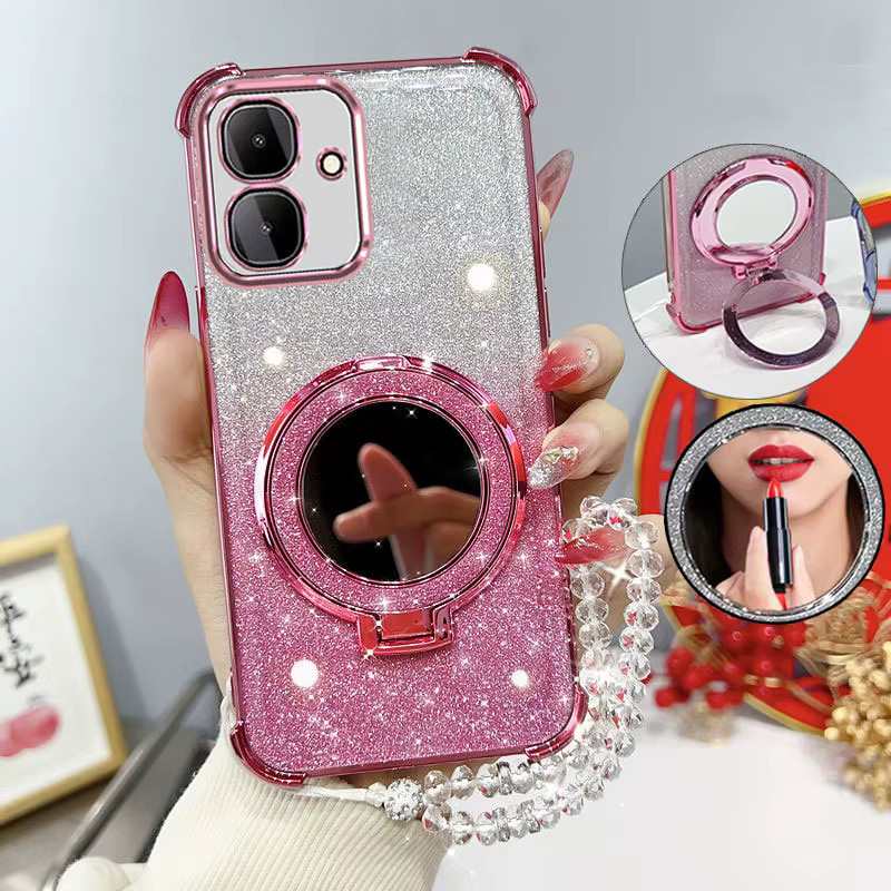 Stoßfeste Handyhülle mit Glitzer-Effekt, Spiegelständer und Perlenarmband für Infinix Smart 10, Spark Go 2 und Pop10 in Pink - Bild 1