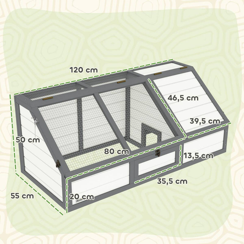 PawHut Schildkrötenhaus aus Holz in Weiß mit zwei Haupthäusern und aufklappbarer Oberseite, Outdoor Reptiliengehege für Kleintiere und Kaninchen, B/T/H: 120 x 55 x 50 cm - Bild 5
