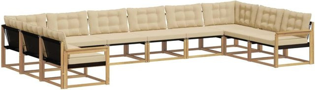 vidaXL Outdoor-Sofagarnitur 10-tlg. aus massivem Akazienholz mit Textilene und Kissen in Weiß und Beige - Bild 1