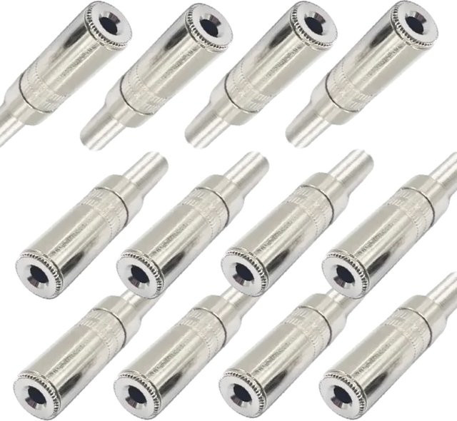 Mono-Stereo-Inline-Buchse aus Metall in Silber mit 3,5 mm Klinkenanschluss und zwei 3-poligen Steckern zum Löten - Bild 1