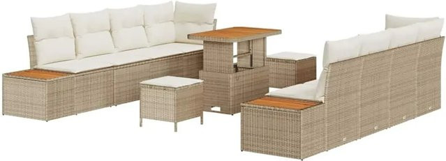 vidaXL Garten-Sofa-Set 11-teilig aus Poly-Rattan und Akazienholz in Beige mit Kissen und Tisch - Bild 1