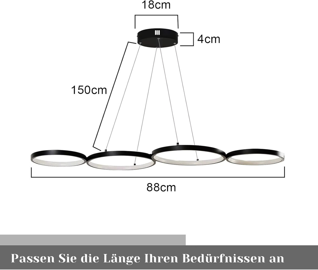 Dimmbare LED Pendellampe in Schwarz mit Fernbedienung und Höhenverstellbarkeit, moderne Ring-Hängelampe für Esszimmer, Wohnzimmer oder Büro, 54W - Bild 2